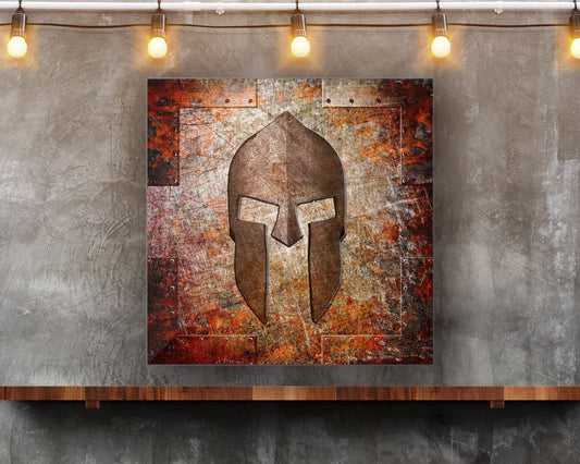 Warrior Themed Print -  Spartan Helmet on Rust Printed on Eco-Friendly Recycled Aluminum