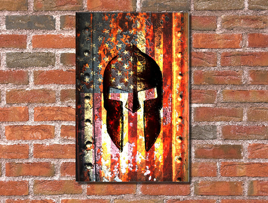 American Flag and Spartan Helmet On Rusted Metal Door Print on Stretched Canvas hung on brick wall