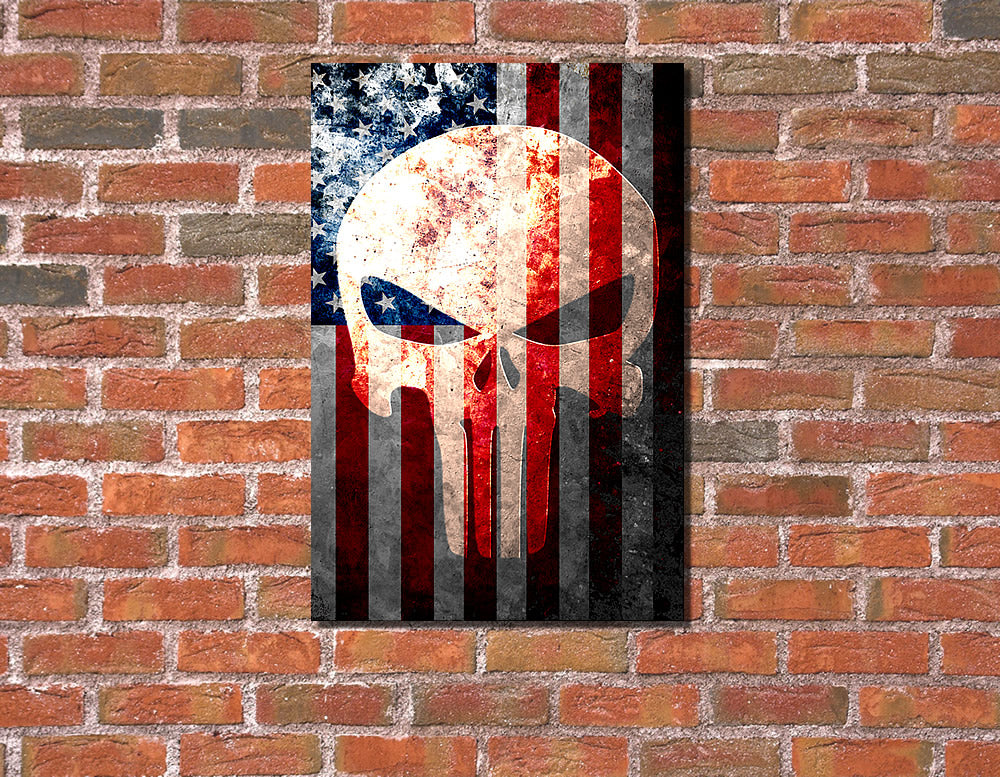 Distressed American Flag & Skull Print on Stretched Print on 30 by 20 inches Stretched Canvas hung on brick wall