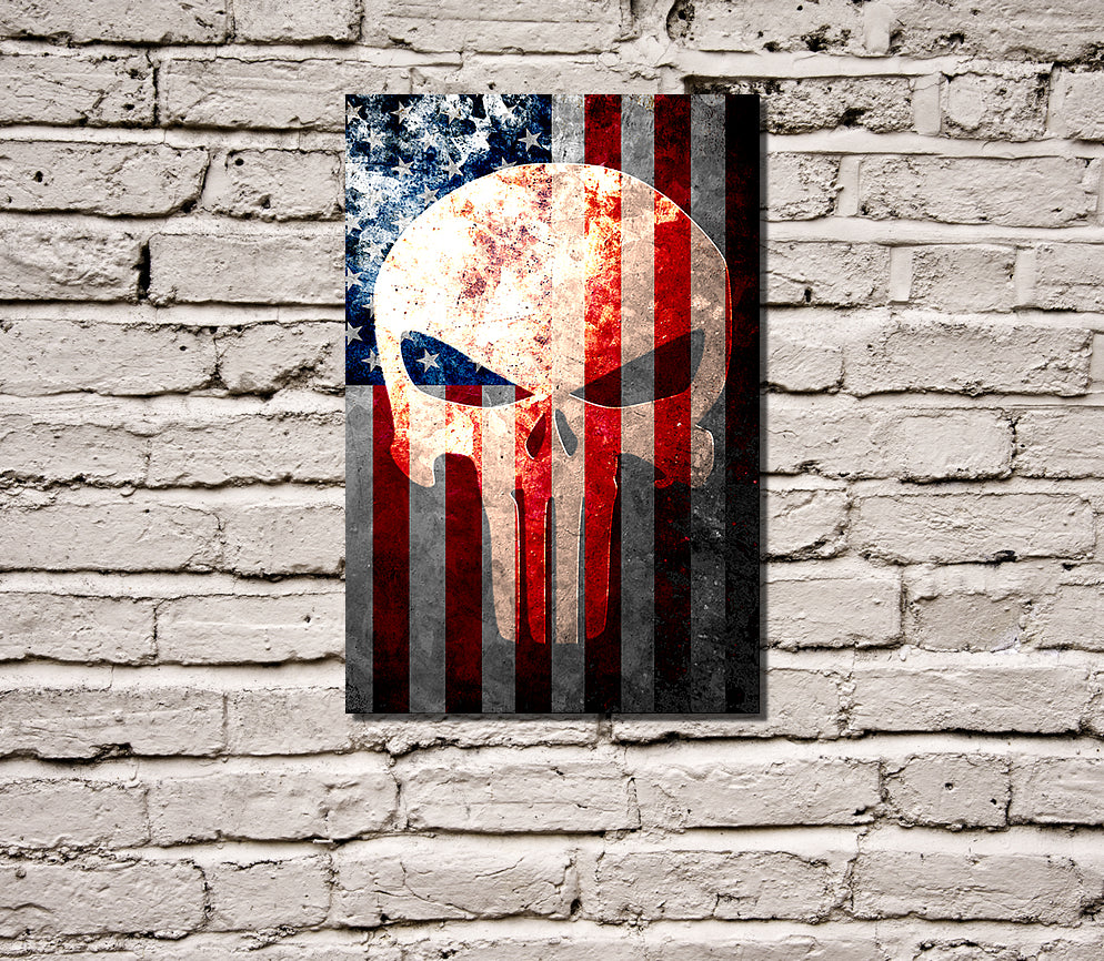 Distressed American Flag & Skull Print on Stretched Print on 30 by 20 inches Stretched Canvas hung
