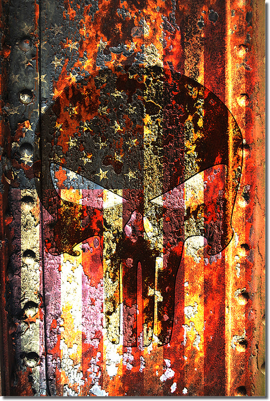 Rusted American Flag & Skull Print on 30 by 20 inches Stretched Canvas