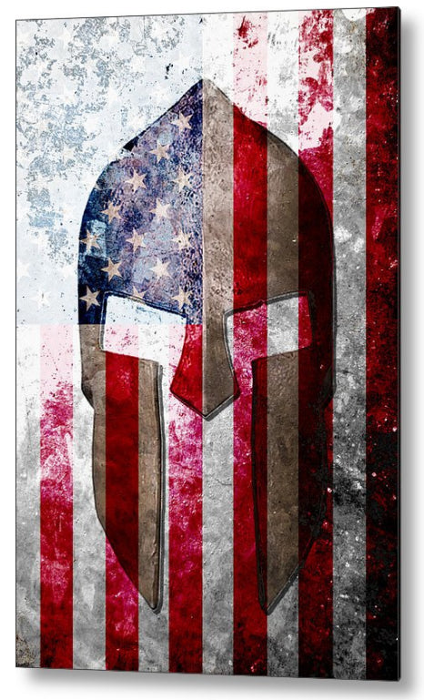 Spartan Helmet on Distressed American Flag Print on 16 by 24 inches Stretched Canvas