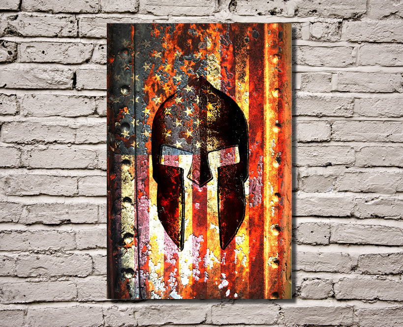American Flag and Spartan Helmet On Rusted Metal Door Print on Stretched Canvas hung
