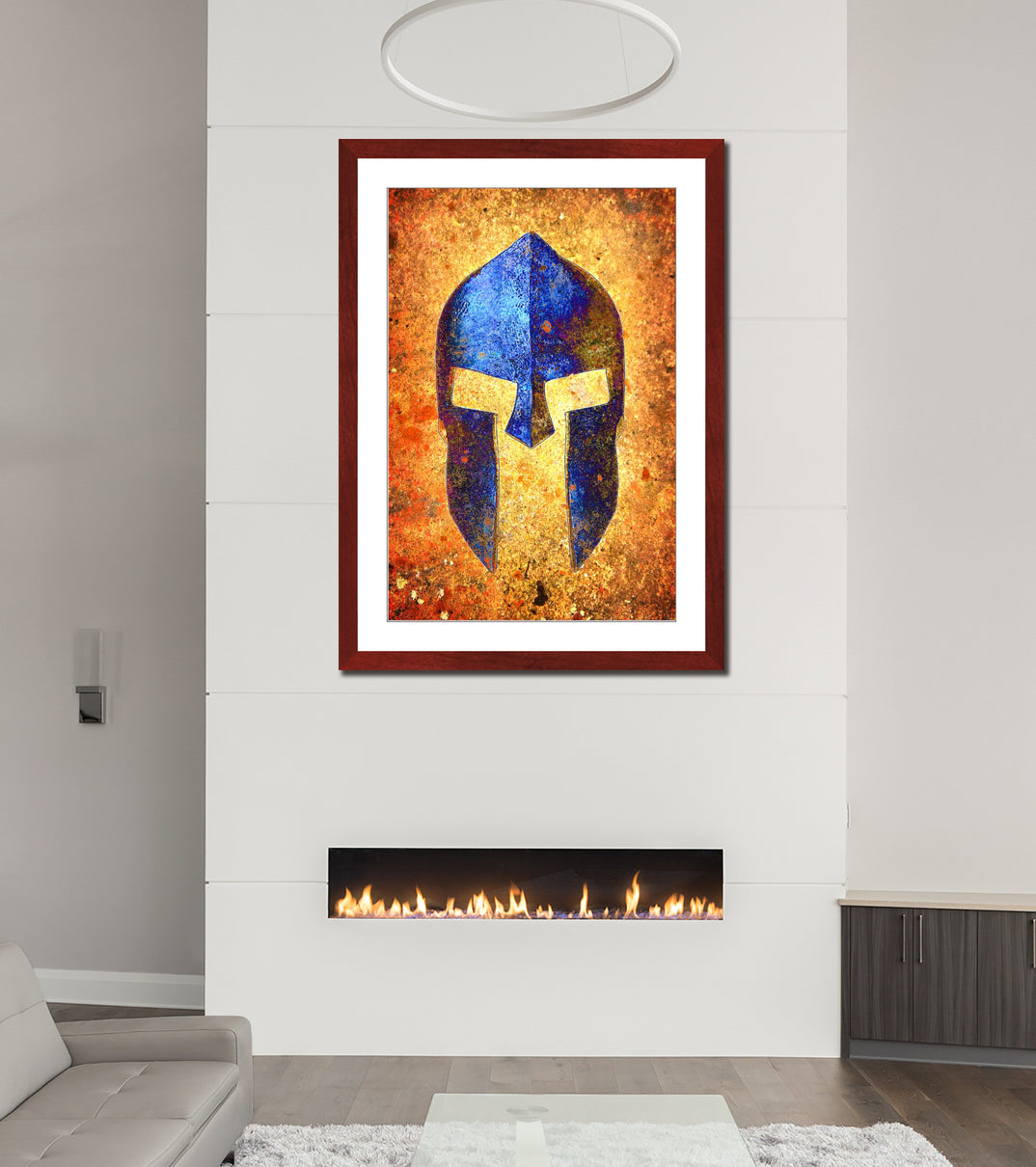 Spartan Themed Framed Wall Art - Blue Spartan Helmet on Rusted Background Print Framed in a Cherry Color Wood Frame