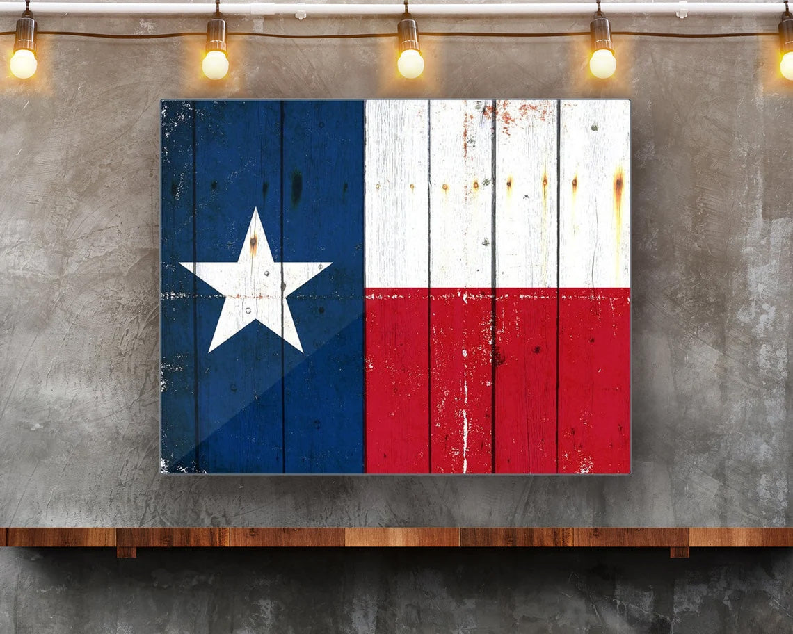 Texas Themed Gifts - Texas Flag on Old Barn Wood Printed on Rectangular Eco-Friendly Recycled Aluminum