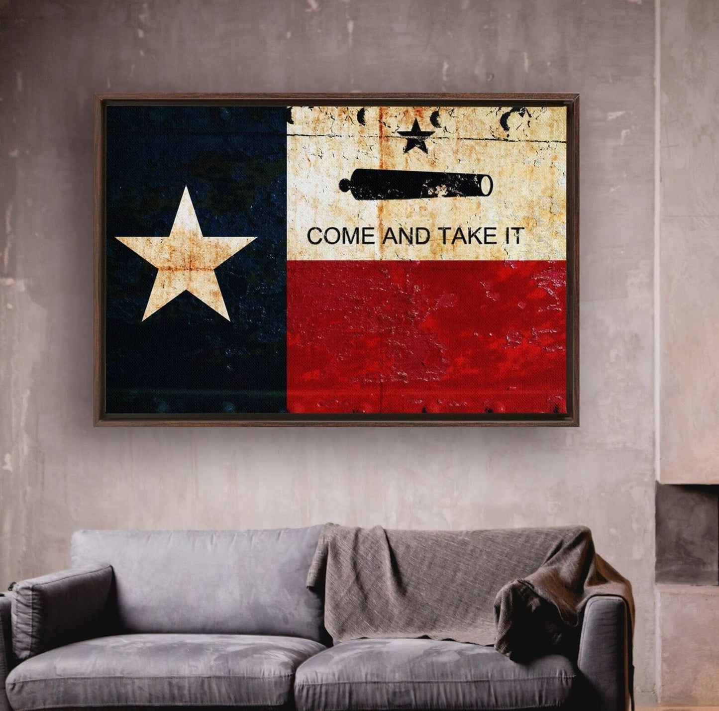 Texas Flag and Gonzales Flag Combo on Riveted Metal Plate Print on Canvas in a Floating Frame hung on wall