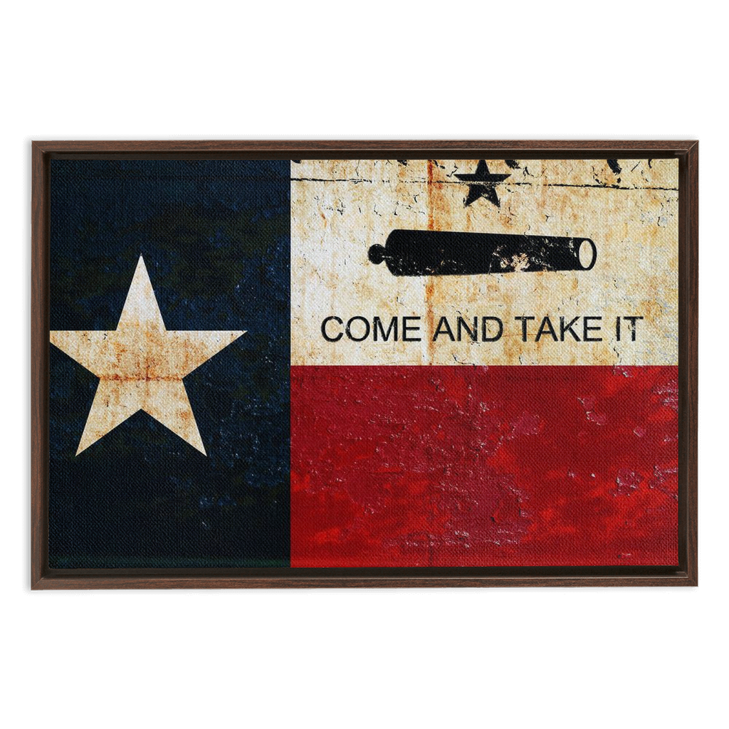 Texas Flag and Gonzales Flag Combo on Riveted Metal Plate Print on Canvas in a Floating Frame 13x20