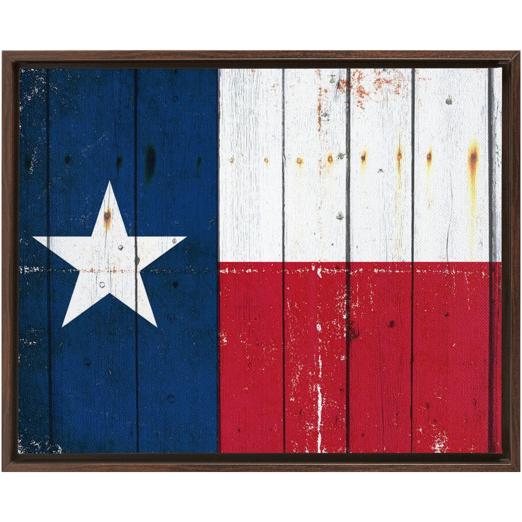 Texas Themed Wall Art -Distressed Texas Flag on Old Barn Wood Print on Canvas in a Floating Frame