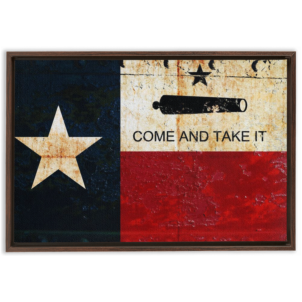 Texas Flag and Gonzales Flag Combo on Riveted Metal Plate Print on Canvas in a Floating Frame 20x30