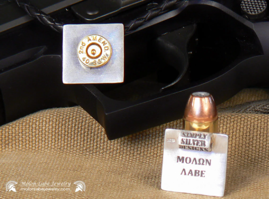 2nd Amendment &. 40 Cal Brass "Molon Labe" Sterling Silver Pendant and Bolo Cord Necklace close up