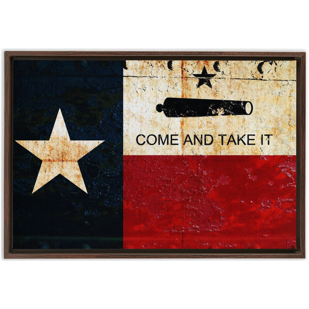 Texas Flag and Gonzales Flag Combo on Riveted Metal Plate Print on Canvas in a Floating Frame 24x36