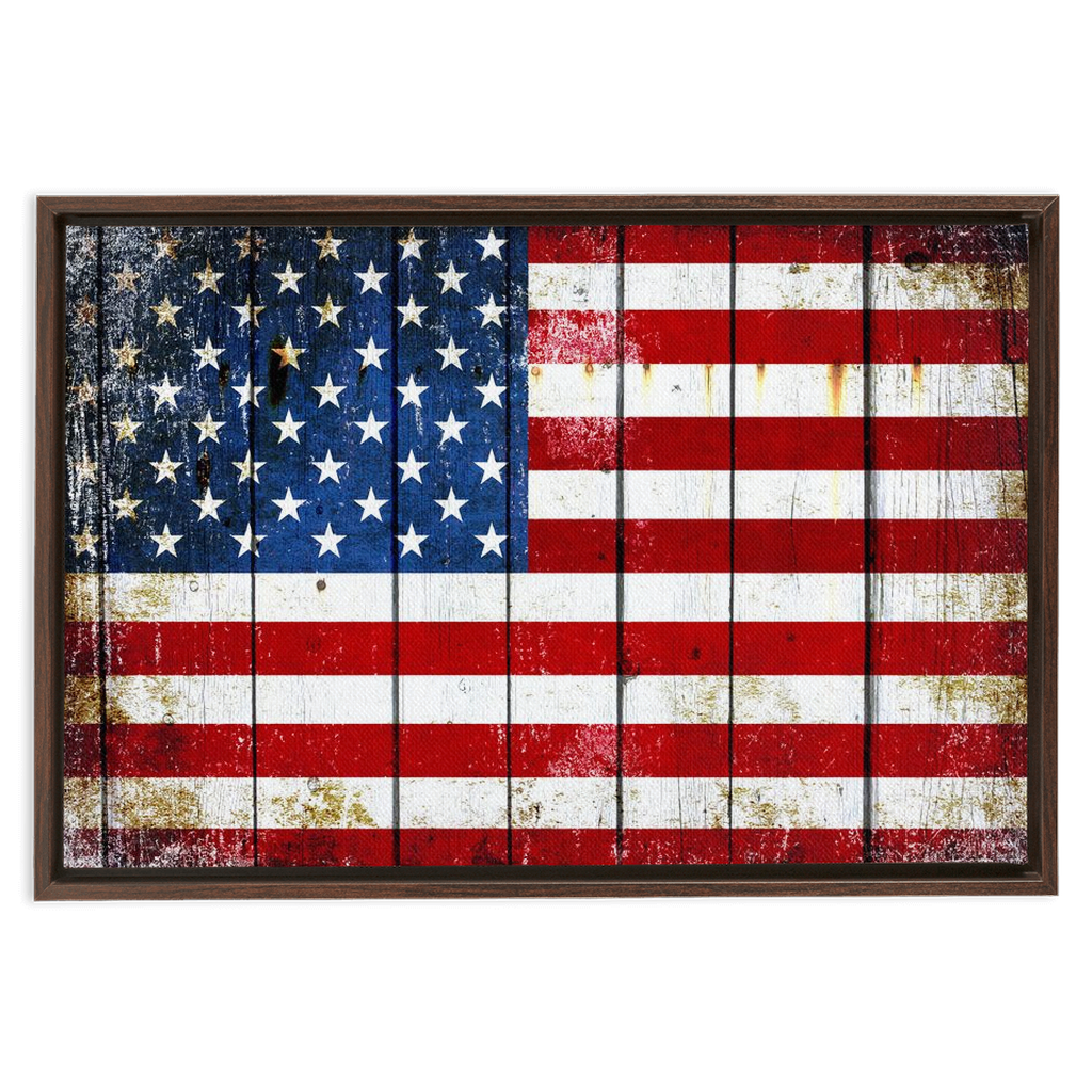 Patriotic Wall Print - Distressed American Flag on Old Barn Wood Print on Canvas in a Floating Frame