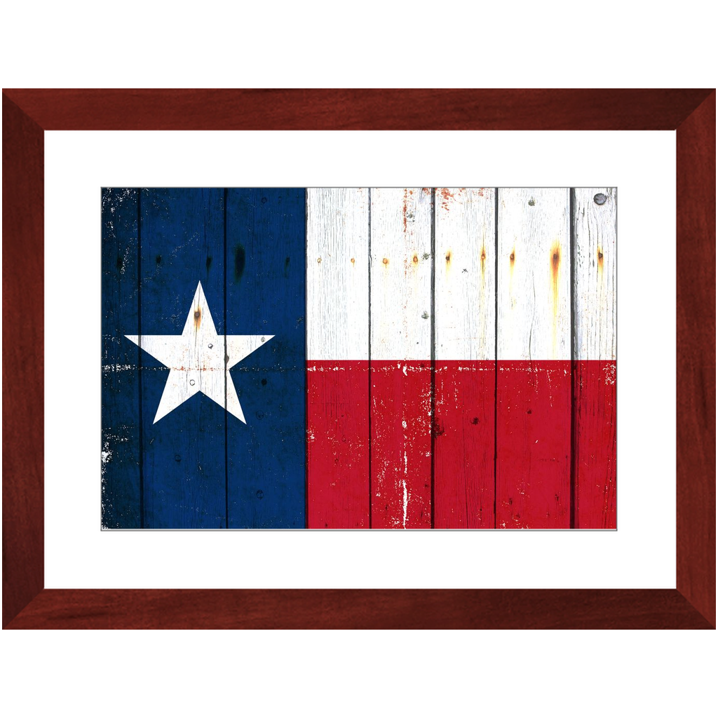 Texas Themed Wall Art -Distressed Texas Flag on Old Barn Wood Print Framed in a Cherry Color Wood Frame