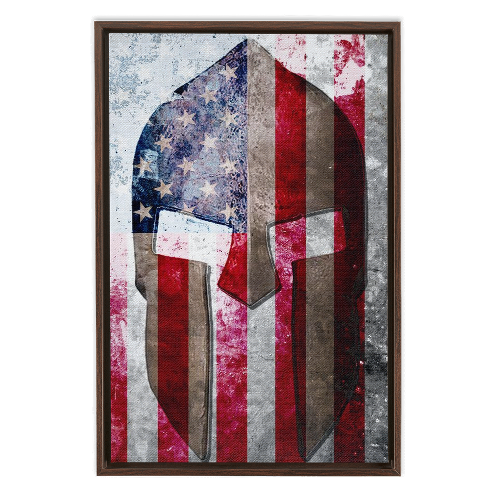 Spartan Helmet on Distressed American Flag Print Floating Frame Canvas