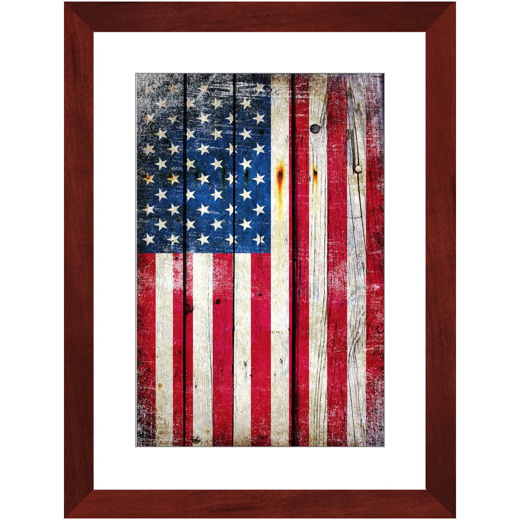 Patriotic Framed Wall Art, American Flag on Old Barn Wood Vertical Print on Archival Paper Framed In a Cherry Color Wood Frame