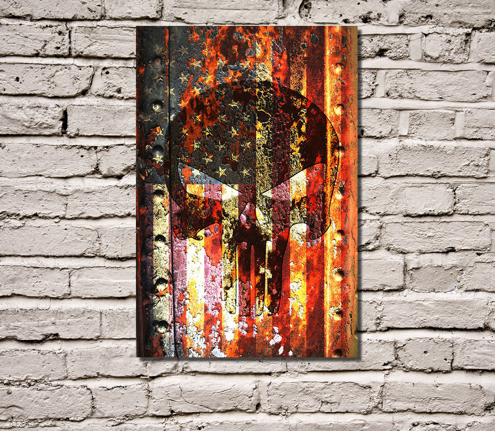 Rusted American Flag & Skull Print on 30 by 20 inches Stretched Canvas hung on wall