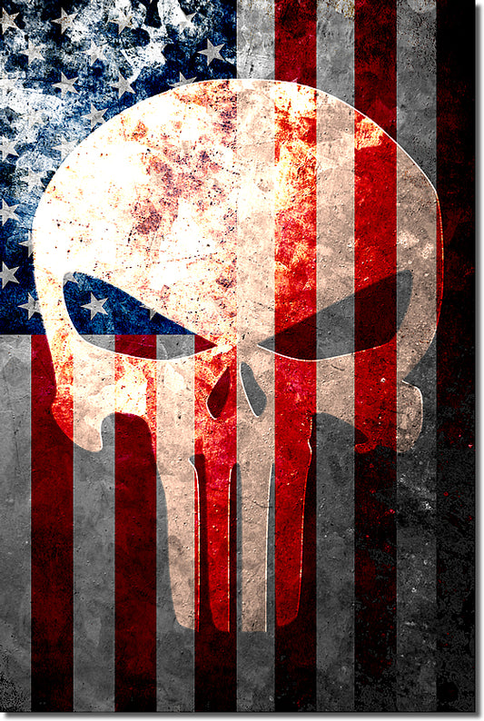 Distressed American Flag & Skull Print on Stretched Print on 30 by 20 inches Stretched Canvas