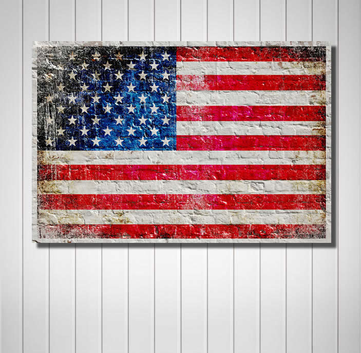 American Flag on White Washed Brick Print on 24 by 16 inches Stretched Canvas hung