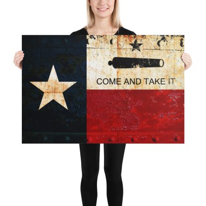 Come and Take it Texas and Gonzales Flag Combo on Rusted Riveted Plate Print on Archival Paper 24x36