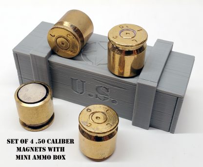 Set of 4 fridge magnets made with recycled casing of 50 BMG caliber with miniature ammo box