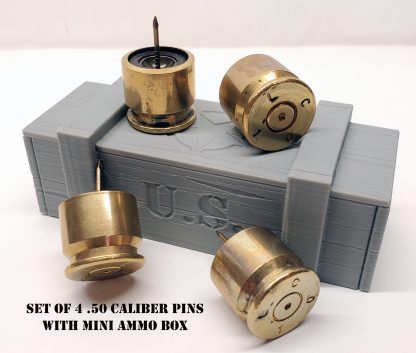 Set of 4 push pins made with recycled casing of 50 BMG caliber with miniature ammo box