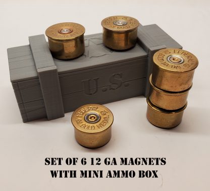 Set of six 12 gauge shotgun shell fridge magnets and miniature ammo box