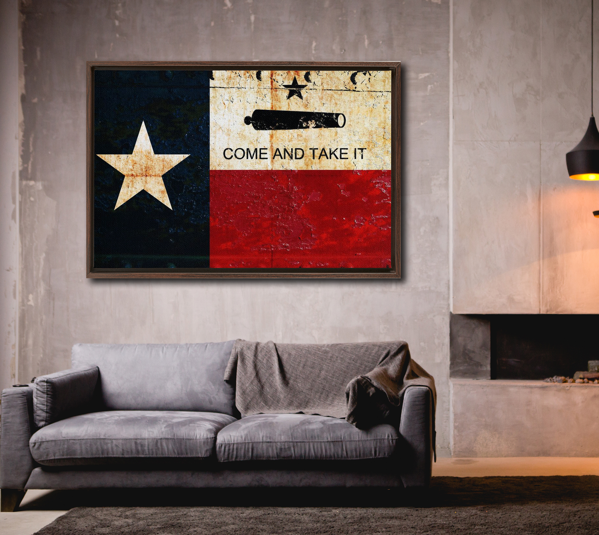 Come and Take It, Texas Flag and Gonzales Flag combo print on canvas in a floating frame hung on concrete wall