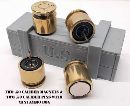 2 bullet brass push pins and 2 fridge magnets made with recycled casing of 50 BMG caliber and miniature ammo box