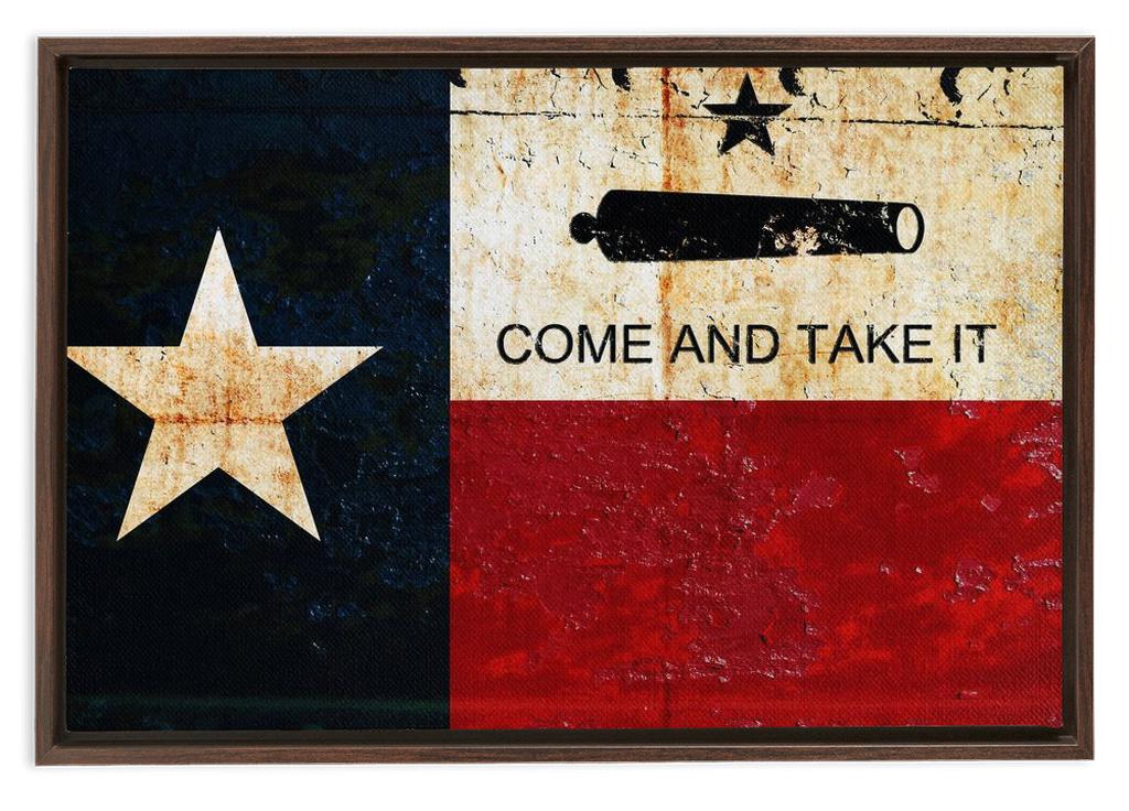 Texas flag come and take it print on canvas in a floating frame