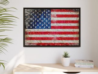 Distressed American Flag on whitewashed brick wall framed canvas print hung